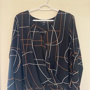 Alfani Black Blouse with White and Orange Geometric Design